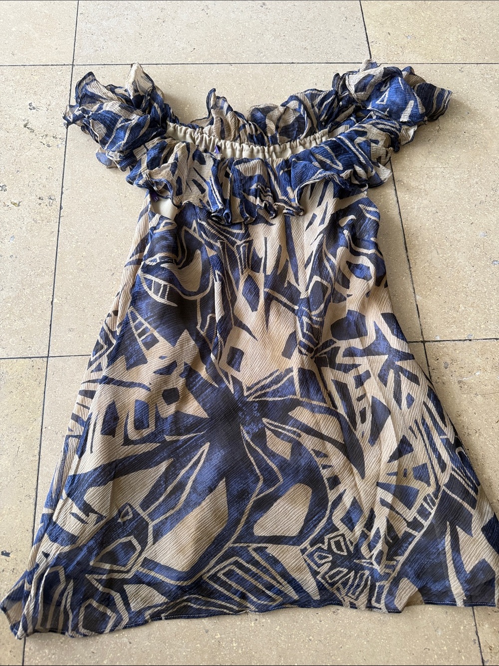 Ralph Lauren Purple Label Navy and Cream Off-Shoulder Ruffle Mini Dress